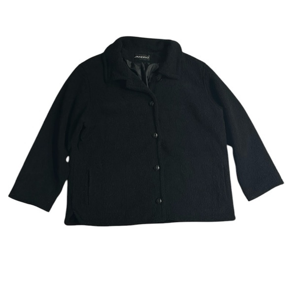 SANDRO black polyester teddy bear fleece button front jacket size large Y2K - Picture 1 of 8